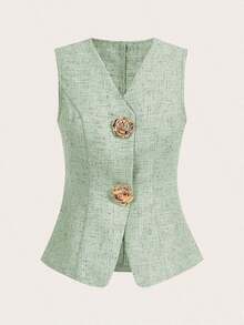 Blusa sin mangas con botones de metal en forma de rosa, estilo francés, para uso casual y de oficina, blusa de verano de alta gama - Verde - Ver 6