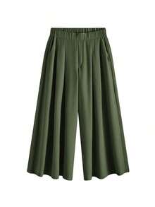 Comfortable And Loose-Fitting Elastic-Waist Pleated Shorts/Skirts, A Basic And Versatile Style For Everyday Wear, Flattering The Figure, In Apricot Color, For Plus-Size Women, For Spring/Summer - 軍綠色 - 查看 10