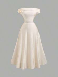 YHHSweetra Elegante vestido retro francés de color albaricoque convertible con cuello halter o cuello halter, con acento de hebilla de metal delicada, diseño de fruncido en la cintura, silueta grácil de línea AYHH - Albaricoque - Ver 7