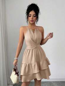 Vestido mini ajustado y acampanado sin mangas, elegante, de color caqui, con lazo de cuentas, para primavera/verano de mujer - Albaricoque - Ver 5