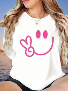 White T-Shirt With Pink  Face Graphic And Peace Symbol, Casual Loose Top For Women, Fashionable Summer Garment, Women's T-Shirt, 100% Cotton - 白色 - 查看 3