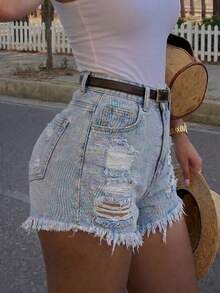 Short De Mezclilla Para Mujer Corte Cintura Alta Deshilachado - Lavado ligero - Ver 1