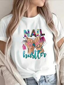 1 camiseta de manga corta de fibra de poliéster exclusiva para entusiastas del nail art, decorada con un llamativo diseño de artista de uñas, adecuada para el trabajo en salones y el uso diario, ligera y duradera, una opción ideal para entusiastas de la belleza en salones o en casa. 180g Algodón 100%. - Blanco - Ver 1