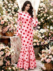 2026 Neues Polka Dot Meerjungfrau Kleid/Vintage elegantes Kleid/Formelles Anlasskleid langes Kleid mit langen Ärmeln/Trompetenärmeln, rundem Ausschnitt, mehrlagigem Rüschensaum, schmaler Passform, Hochzeitsgastkleid, Date-Abendkleid - Pink - Übersicht 6
