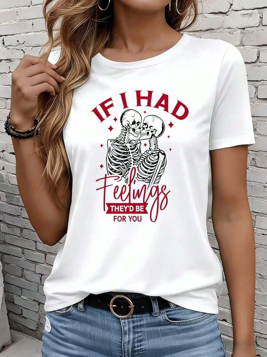 Camiseta de manga corta GraphicLadies para ocio, actividades al aire libre y hogar, 220g. Si tuviera sentimientos, serían para ti. Camiseta de Halloween con diseño de pareja esquelética para mujer, divertida camiseta con estampado de amor. Camiseta para ocio, actividades al aire libre, vacaciones y fiestas, ideal como regalo. - Blanco - Ver 1