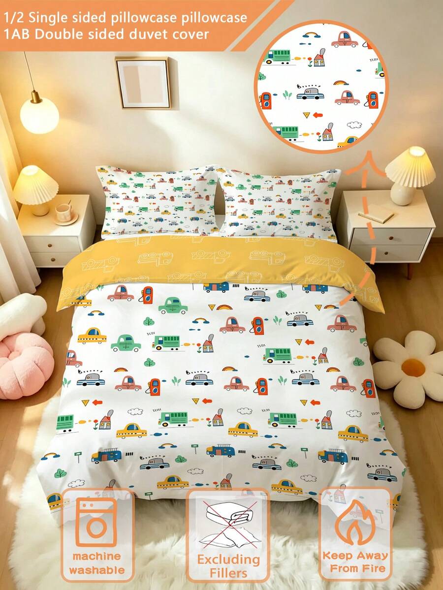 2/3pcs Cute Cartoon Car Pattern Children's Bedding Set (Spring/Summer Series) Double-Sided Printed Duvet Cover Set Suitable For Children, Teens, Boys And Girls, All Season Use, Zipper Closure (Filling Not Included), Pillowcase Size 50x75cm, 100% Polyester Fiber - Multicolor - View 1