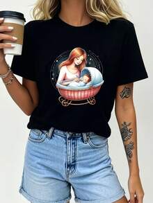 Camiseta Gráfica MexicanSoft Carriage para Mujer, Perfecta para Regalo del Día de la Madre o Fiesta Familiar, Ligera, Transpirable, Casual, Camiseta de Algodón, Moda Verano - Negro - Ver 1