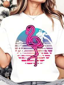 Women's Casual T-Shirt With Flamingo, Neon, Sunset And Palm Tree Design, Retro Style, Graphic Print, Summer Casual Wear, Perfect For Parties, Casual Outings And Everyday Urban Style, 100% Cotton, Durable - 白色 - 查看 1