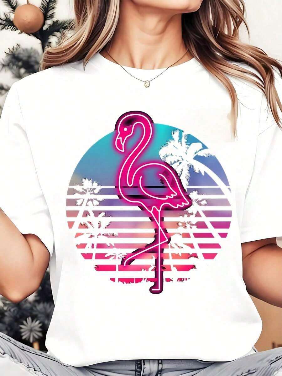 Women's Casual T-Shirt With Flamingo, Neon, Sunset And Palm Tree Design, Retro Style, Graphic Print, Summer Casual Wear, Perfect For Parties, Casual Outings And Everyday Urban Style, 100% Cotton, Durable - 白色 - 查看 1