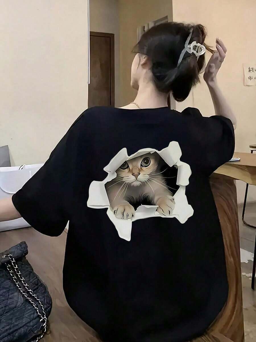 Under The Radar Women's Stylish Loose Fit Short Sleeve T-Shirt - Vintage Street Style Unisex Loose Cotton Short Sleeve Crew Neck T-Shirt - 黑色 - 查看 1