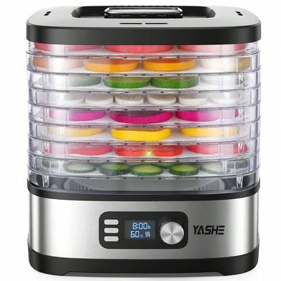 YASHE 304 Stainless Steel 8-Tray Food Dehydrator, 72H Timer & Temp Control Up To 158℉, Includes 8 Mesh Sheets, 1 Fruit Roll Tray, 1 Tongs, Recipe Book For Jerky, Fruit, Meat, Vegetables, Herbs