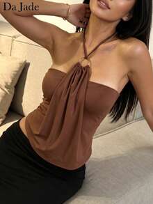 Áo hai dây mỏng màu nâu lưới gợi cảm dành cho nữ, kiểu dáng ôm sát, thích hợp cho đi biển, kỳ nghỉ, tiệc Valentine, câu lạc bộ và mặc hàng ngày. - màu nâu - Xem 2