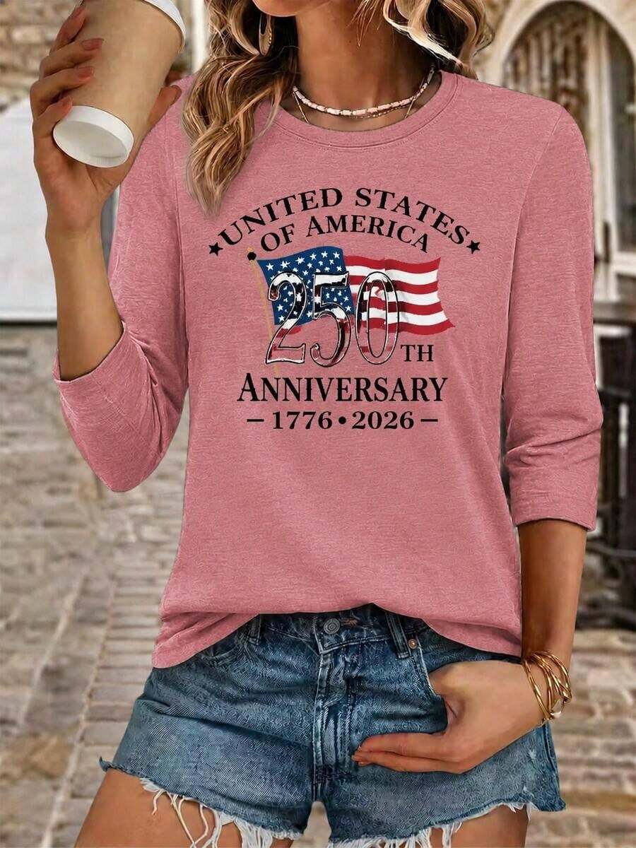 Camiseta del 250º Aniversario para Mujer, Manga Tres Cuartos, Cuello Redondo, Estampado Patriótico 250º Aniversario de la Independencia Americana 1776-2026, Tela Suave y Transpirable, Corte Holgado Casual, que Muestra el Orgullo Americano, para el 4 de Julio y Celebraciones.% Algodón - Morado - Ver 1
