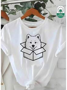 Ropa de invierno para mujer, ligera y transpirable, de una sola pieza, con estampado divertido, adecuada para amantes de las mascotas, camiseta casual con estampado de perro Samoyedo, cuello redondo, manga corta, top de moda casual, ropa elegante para fiestas, corte holgado, regalo para las fiestas, ropa de uso diario, ropa para el hogar, conjuntos superpuestos para primavera y otoño. - Blanco - Ver 7