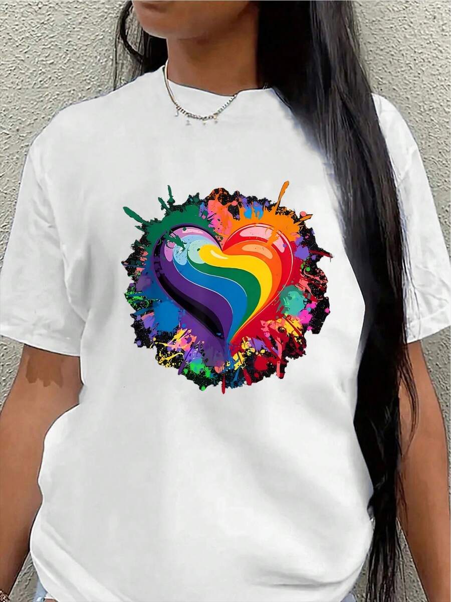 This Lightweight And Durable T-Shirt, Featuring A Colorful Rainbow Heart Design, Is Perfect For Casual Occasions At Home, Work, Or Outdoor Activities, Offering A Comfortable Everyday Wear Experience. Women's Blouses > Clothing - 白色 - 查看 1