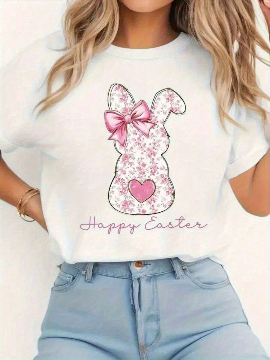 1 Women's Casual Short Sleeve Crew Neck T-Shirt - Comfortable For All Seasons, Slightly Stretchy, Regular Adult Fit, Suitable For Easter, Back To School And The Mad March, 180g 100% Cotton. - 白色 - 查看 1