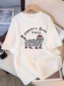 ropa de mujer Camiseta de mujer con estampado gráfico de un lindo gato manchado con un eslogan de estilo "strawberry swag" camisas de mujer - Blanco - Ver 2