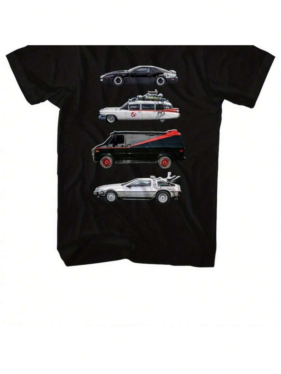 Men's T-Shirt - Vintage T-Shirt With KITT And Ghost Car Print, Crew Neck And Short Sleeves, Regular Fit, Breathable And Comfortable, Designed In A Nostalgic Urban Style, Machine Washable, Suitable For Casual Wear In All Seasons, Retro T-Shirt - 黑暗的 - 查看 1