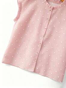 Blusa de mujer con cuello redondo, sin mangas, con volantes y estampado de lunares vintage francés, versátil para ir al trabajo, tomar el té por la tarde, uso diario, holgada y casual - Rosa - Ver 5