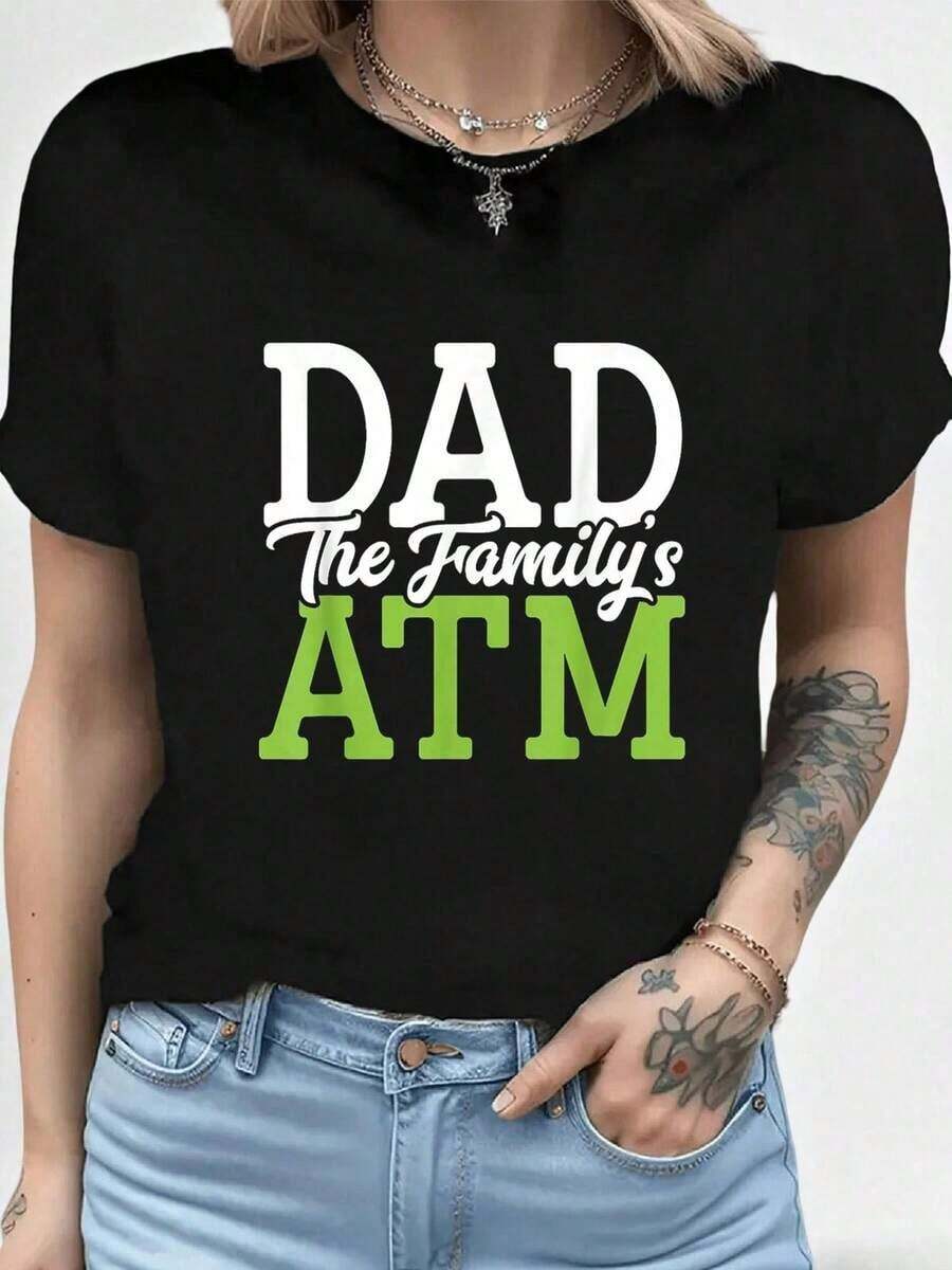 Camiseta Gráfica Divertida para Mujer con Estampado 'Papá, el Cajero Automático de la Familia' - Camiseta Negra de Cuello Redondo con Estampado Blanco y Verde, Idea de Regalo para el Día del Padre, Atuendo Casual de Verano, Lavable a Máquina, Camisetas para el Día del Padre, Ropa Humorística, Corte Relajado, Impresión de Calidad, Camiseta Estampada Adecuada como regalo. playera de mujer. blusas>elegantes. boho chic,Top de mujer suave, transpirable y cómodo, ideal para primavera, verano y otoño, perfecto para vacaciones, viajes y uso diario. - Negro - Ver 1