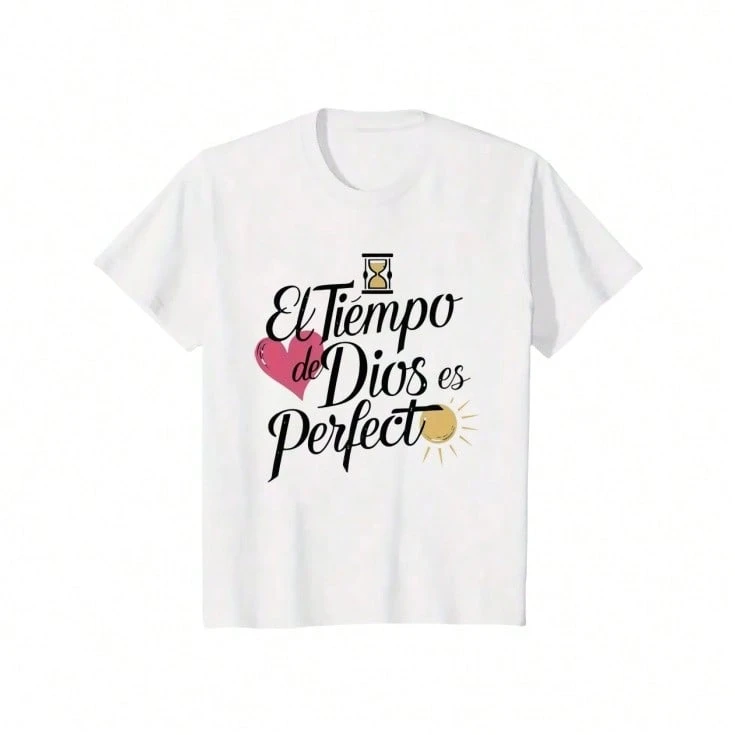 Women'S Casual T-Shirt With Inspirational Spanish Quote "El Tiempo De Dios Es Perfecto" - Round Neck, Short Sleeve, Breathable &Amp; Comfortable For Spring/Summer, Loose Fit, Perfect For Daily Wear Or Summer Parties - White - View 1