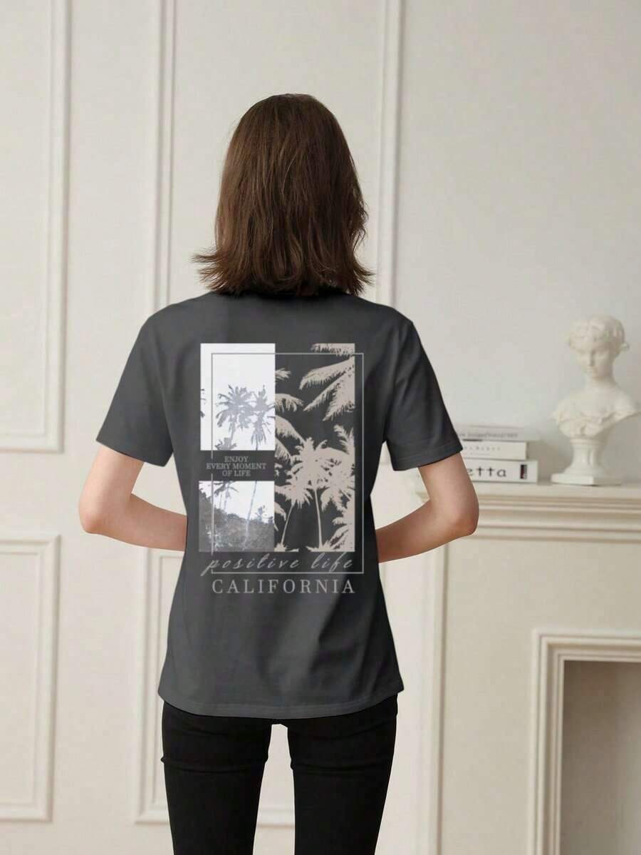 New Women's Summer T-Shirt, Casual Style With Slogan Print, Loose Fit, Round Neck, Short Sleeves, Apricot Color. Top For Everyday Wear And Holidays, Pink - 深灰色 - 查看 1
