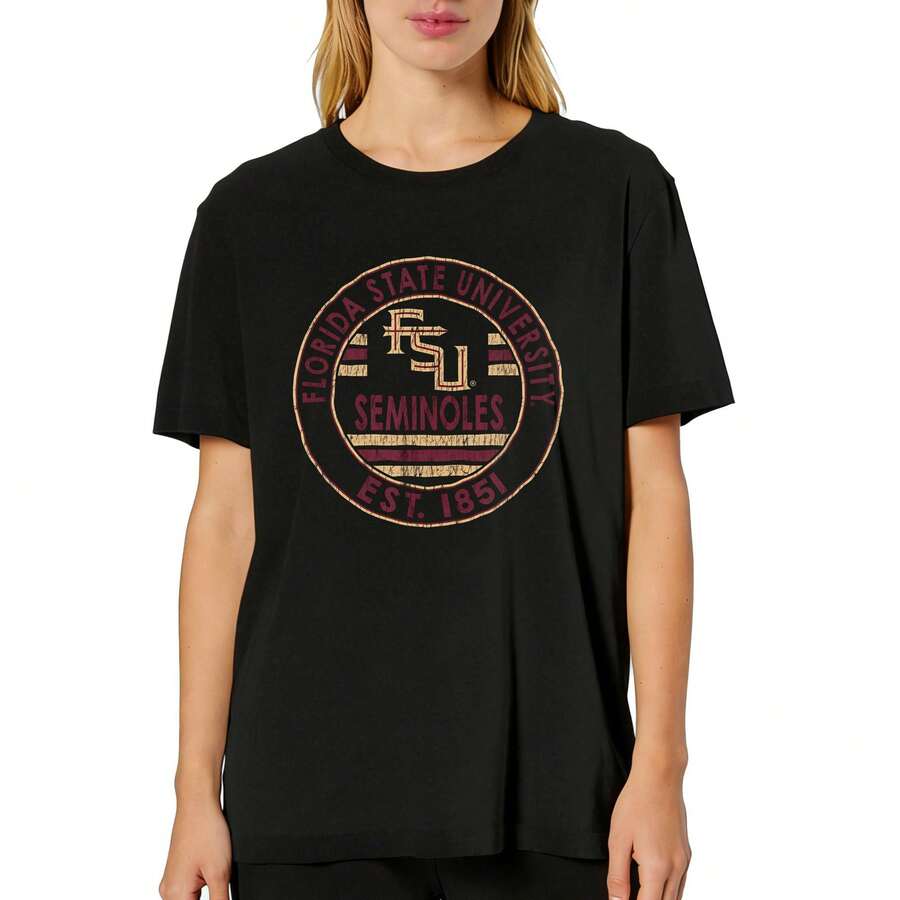 Plus Size Florida State University Seminoles EST. 1851 Distressed Logo T-Shirt Women's Fashion T-Shirt, Soft And Breathable Short Sleeve, Perfect For Daily Wear, Outdoor Activities, Travel, And Casual Style, Comfortable All-Day Fit! - màu đen - Xem 1
