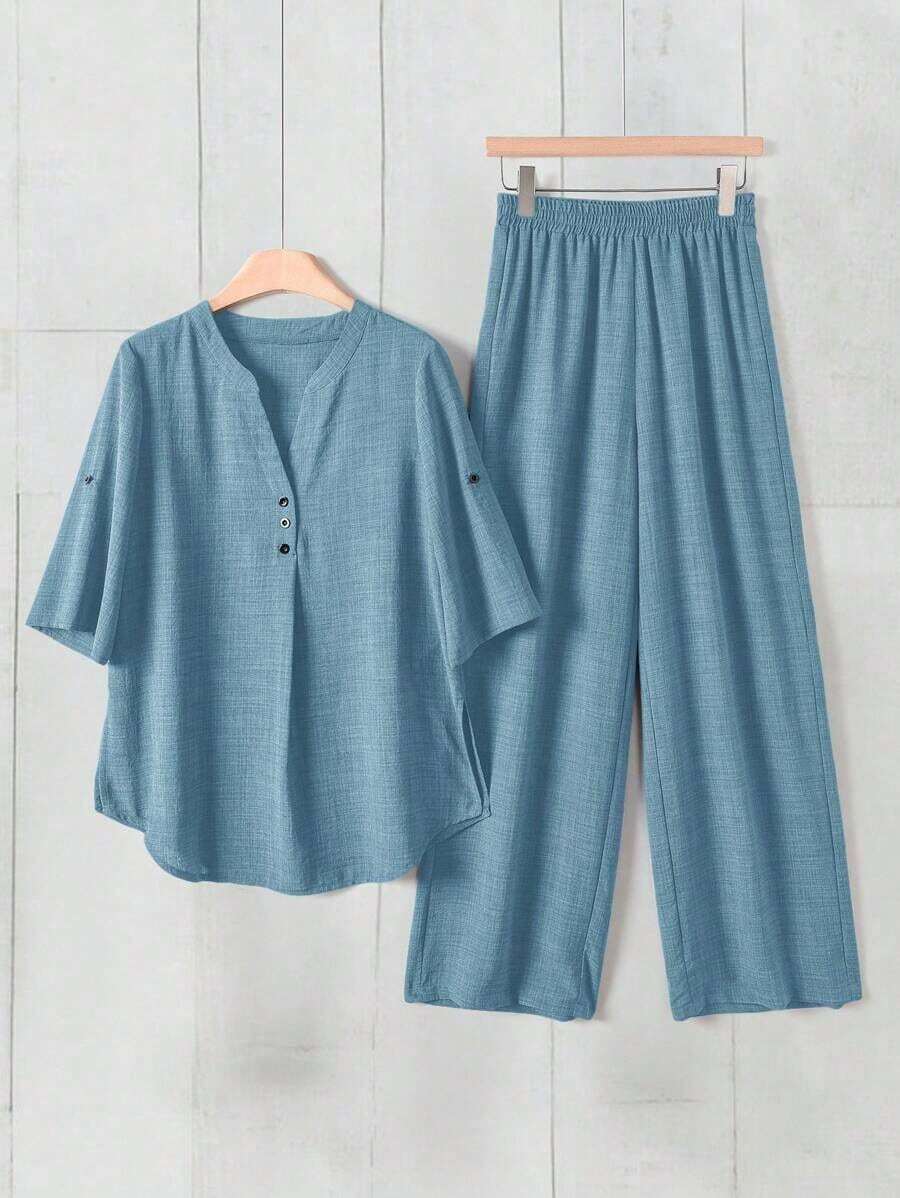 Conjunto informal de top con cuello en pico y pantalones de unicolor - Azul - Ver 1