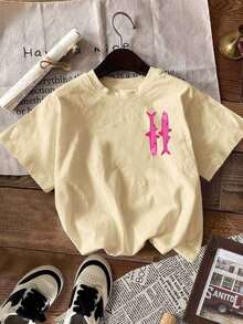 Women's Summer T-Shirt With Sardine Graphic Print, Short Sleeve, Round Neck, Casual, For Summer And Spring, Women's Clothing, Casual Short Sleeve Cotton T-Shirt For Summer Vacation - 杏色 - 查看 3