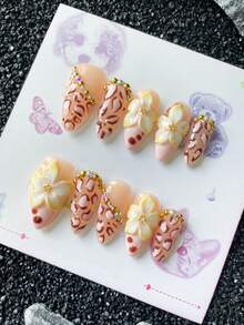 10Pcs Handmade 3D Flowers, Almond Summer Hawaii Press On Nails Art Sticker, Pink Hand-Painted Leopard Print, Ab Color Diamond Nails - Multicolor - View 2
