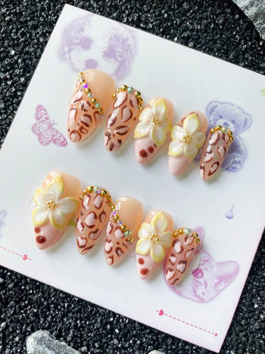 10Pcs Handmade 3D Flowers, Almond Summer Hawaii Press On Nails Art Sticker, Pink Hand-Painted Leopard Print, Ab Color Diamond Nails