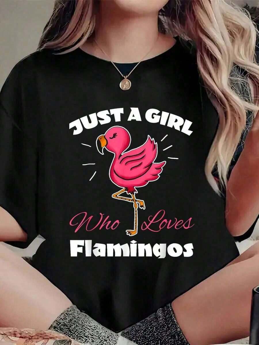 Just A Girl Who Loves Flamingos, Funny T-Shirt For Pink Flamingo Lovers, Casual Short Sleeve Crew Neck Summer T-Shirt - 黑色 - 查看 1