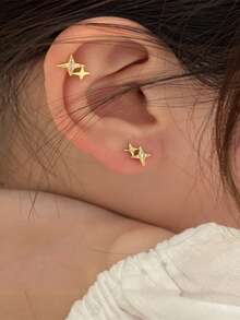 1pair Double Star Shaped Earrings Inlaid With Cubic Zirconia 18k Gold Plated For Women, Perfect Choice For Proposal, Engagement Party Gift - Gold - View 4