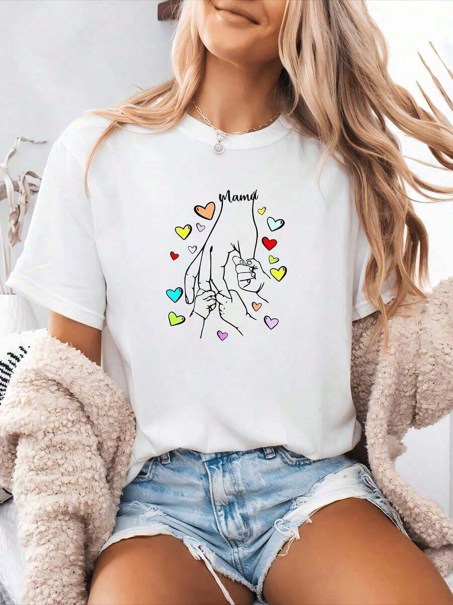 Casual T-Shirt For Mother's Day, Women's Printed T-Shirt, Short Sleeve Crew Neck T-Shirt, Women's Summer Casual Clothing, 100% Cotton, Durable - 白色 - 查看 1