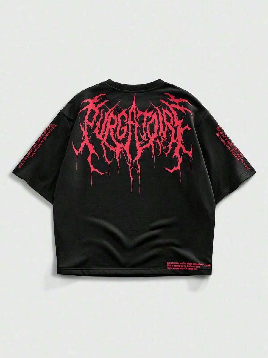 ROMWE MEN Goth Short Sleeve T-Shirt With Round Neck And Contrasting Color Graphic Print With Dark Thorns For Men - 彩色 - 查看 1