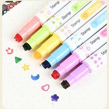 Set de 6 bolígrafos resaltadores y sellos de doble punta, un extremo con marcador fluorescente de colores, el otro extremo con sellos de triángulo, estrella, cara sonriente, luna, corazón y flor, 6 colores macaron frescos, gran capacidad de tinta, escritura suave sin sangrado, impresión de sello clara sin manchas, barril del bolígrafo impreso con patrones correspondientes, tapa de doble uso súper práctica, perfecto para estudiantes y entusiastas del diario - Múltiples estilos - Ver 5