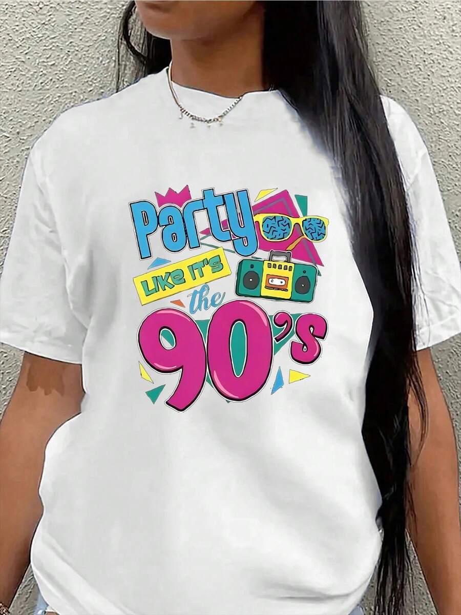 Lightweight And Durable Short-Sleeved T-Shirt With A Retro Design, Ideal For Casual Outings, Parties Or Meals, Perfect For 90s Themed Gatherings And Everyday Fashion - 白色 - 查看 1