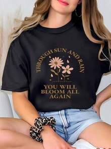Women's Sun And Rain T-Shirt, Inspirational Gift, "Be Kind" Hoodie, Kindness T-Shirt, Unisex Gift For Her, Floral T-Shirt, Cute T-Shirt. - 黑色 - 查看 7