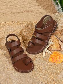 1 Pair Girls' Quality PU Thin Strap Hook And Loop Design Open Toe Flat Retro Roman Sandals, Unisex Summer Beach Shoes (Select Size Based On Foot Length Chart) - Brown - View 5