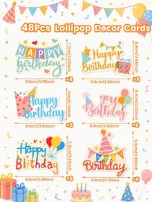 48件粉色生日派對裝飾卡通糖棒卡片，6種「生日快樂」圖案，適用於1歲生日、嬰兒洗禮、婚禮、嬰兒洗禮、簡單DIY糖果裝飾、性別揭曉派對裝飾 - 彩色生日 - 查看 6