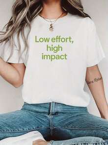 Women's Casual White Short-Sleeve T-Shirt With Green Letter Print "Low Effort, High Impact" - Loose Fit, Crew Neck, For Spring And Summer, Machine Washable, Women's T-Shirts, All-Season Wear - 白色 - 查看 1