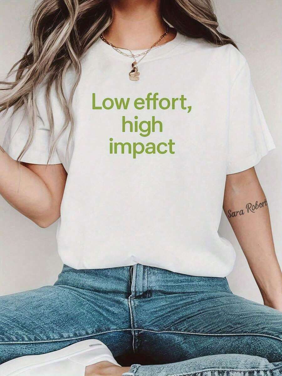 Women's Casual White Short-Sleeve T-Shirt With Green Letter Print "Low Effort, High Impact" - Loose Fit, Crew Neck, For Spring And Summer, Machine Washable, Women's T-Shirts, All-Season Wear - 白色 - 查看 1