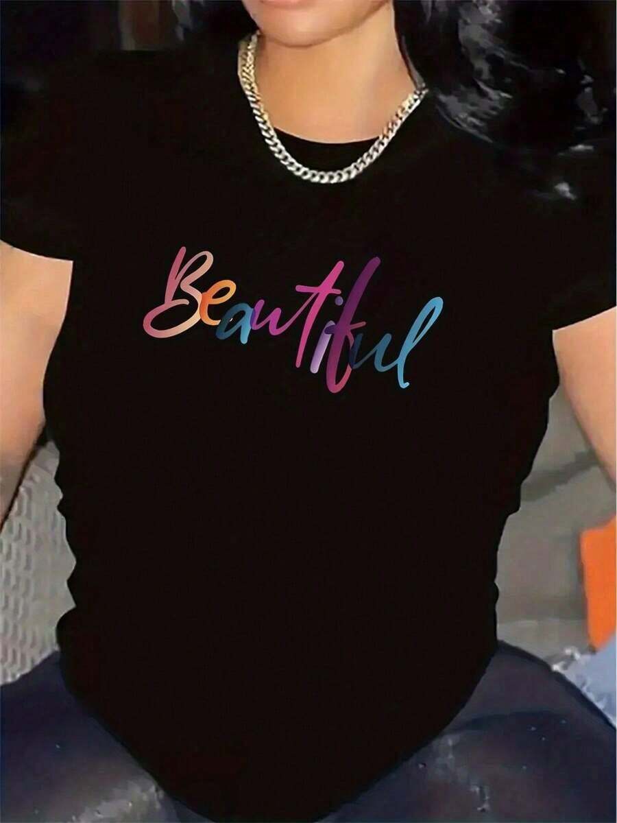 Black And White Polyester T-Shirt, Suitable For Restaurants, Lightweight And Durable, Comfortable Fit, Ideal For Casual Dining, Modern And Versatile Top, Suitable For Everyday Wear, Soft Material, Elegant Design, Round Neck, Medium Elasticity, Suitable For All Seasons, Mature Style, Printed, Fashionable, Elegant And Stylish. Women's Blouses > Clothing - 黑色 - 查看 1