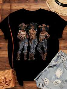 Camiseta Gráfica Estilo Western para Mujer con Diseño de Tres Mujeres con Sombreros y Botas de Vaquera, Top Casual de Moda para Mujer, Ropa de Verano para Festivales de Música Country, 220g - Estilo Vintage Urbano Unisex, Camiseta de Manga Corta de Algodón Suelto con Cuello Redondo, 100% Algodón - Negro - Ver 4