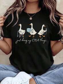 Women's Cotton T-Shirts, Nurse Shirt With Duck Design, Funny Gift For CNA Nurses, Healthcare Workers, Hospital Staff Uniform, Women's Basic Blouses. - 黑色 - 查看 7