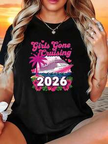 Men's T-Shirt Women's Black Cotton T-Shirt, Regular Fit, Short Sleeve, Round Neck, With 'Girls Gone Cruising 2026' Print And Tropical Design, Regular Length And With Slight Elasticity. - 黑色 - 查看 6