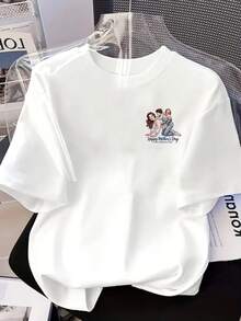 New 180g Short-Sleeved T-Shirt, 1% Cotton, With Front And Back Prints - Mother's Day, Parent-Child Interaction - Fashionable Printed T-Shirt For Women, Short-Sleeved, For All Seasons, Modern Clothing - Suitable For Layering In Spring And Autumn Or As A Standalone Garment In Summer, Unisex. - 白色 - 查看 3