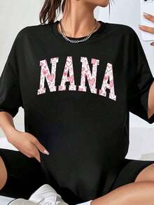 Nana Love Women's Oversized T-Shirt With Heart Print, Casual Top, Gift For Mom, Valentine's Day T-Shirt - 黑色 - 查看 1