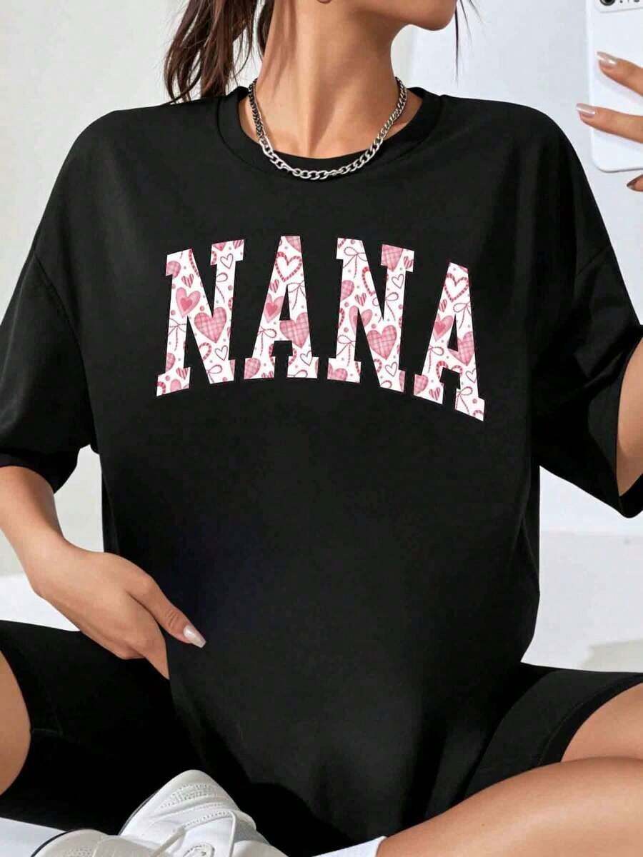 Nana Love Women's Oversized T-Shirt With Heart Print, Casual Top, Gift For Mom, Valentine's Day T-Shirt - 黑色 - 查看 1