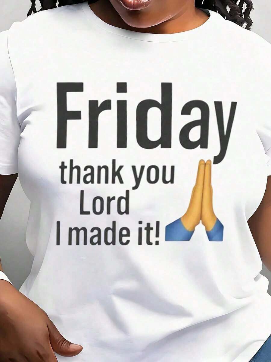 Modern Minimalist Women's T-Shirt With "Friday Thank You Lord I Made It" Print, Casual Short Sleeve T-Shirt For Daily Outdoor Use, Suitable For Any Occasion, Perfect As A Birthday Gift, For Use In All Seasons, Casual For Everyday Wear. - 白色 - 查看 1